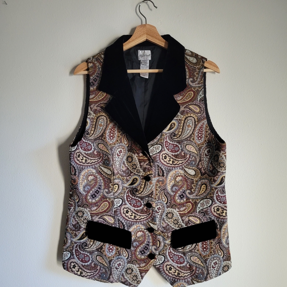 Vintage 90s Elizabeth Terrell Paisley Cottagecore Velvet Tapestry Vest Size 14